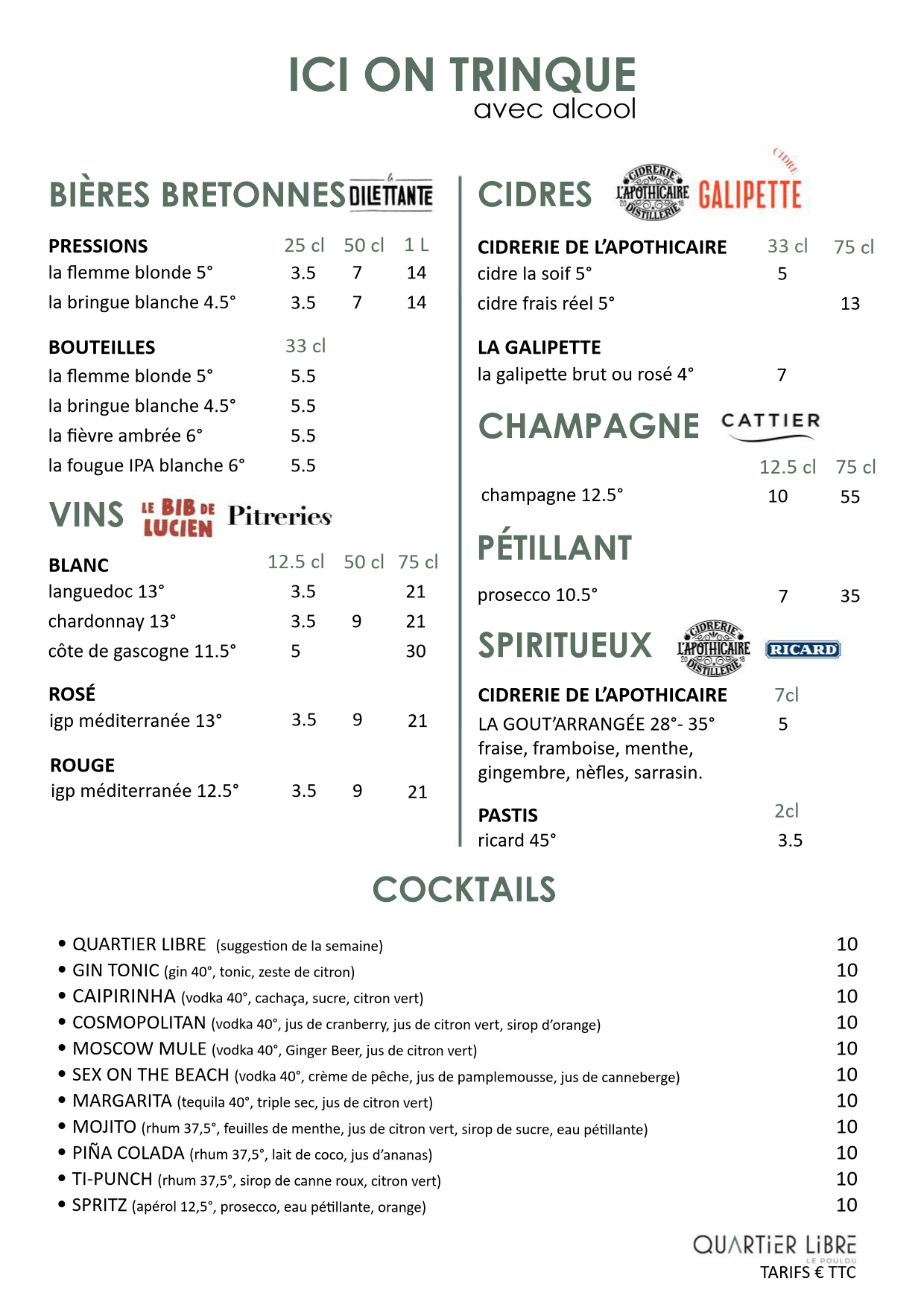 Carte 'Ici on trinque avec alcool !' de l'établissement Quartier Libre